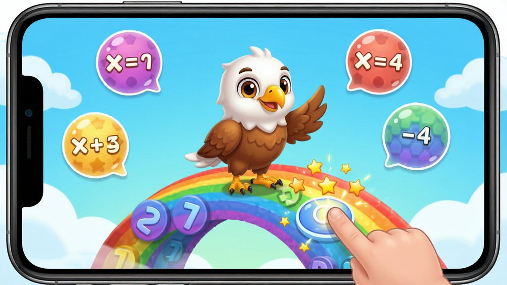 ��Сӥħ��APP��Ȥζ���ؽ����ͼ����Ļ������һ����ͨСӥ��ɫվ��������ɵĲʺ����ϣ������в�ͬ��״����ѧ�������ݣ�������ָ���ڵ����Ļ�ϵ���ȷ�𰸣��Ա�����˸�����ǽ�����Ч������ɫ�����޵������ۣ����ּ��������������ϷUI��Ʒ�񣬻��ʸɾ�������Ԫ��