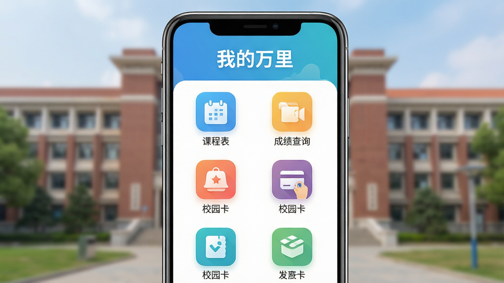 ���壺���ҵ����APP���棬�ֻ���Ļչʾ�������б��������γ̱����ɼ���ѯ��У԰����ͼ�ꡣ���֣��ֻ����У�����Ԫ���������У�����Ϊģ����У԰��ѧ¥���Ű棺����ͼ��������״�ֲ���ɫ�����졣����ִ���ƽ����ƣ����¼�Լ��ϸ�ڣ���Ļ������ʾ���ҵ��������������ɾ����ࡣ���ʣ�������Ⱦ��ɫ����ʵ���޶���Ԫ�ء�