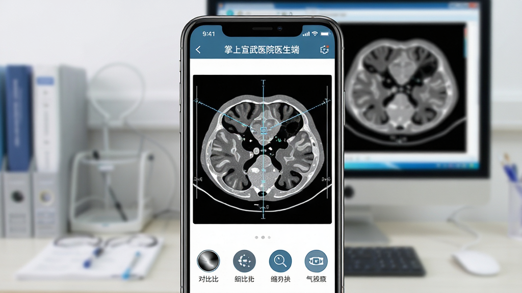 �ֻ���Ļ��ʾҽѧӰ��鿴���棬���������Բ�CTӰ��ͼ���·��е��ڶԱȶȡ����ŵȹ���ͼ�꣬Ӱ�������ɱ档����Ϊ�ֻ����У�����Ϊҽ���칫�����棬�е�����ʾͬ��Ӱ���Ű�ͻ���ֻ���Ļ���ݣ�������