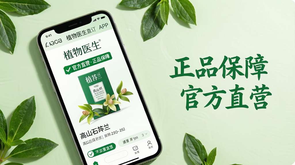 ���壺ֲ��ҽ��ֱ��APP���ֻ�������д����Ļ����չʾһ���ɽʯ������ϵ�в�Ʒ������ҳ��ҳ���С��ٷ�ֱӪ��Ʒ���ϡ�����ɫ��ǩ�����֣��ֻ�ƽ����ǳ��ɫ̨�棬��Χ��׺�ż�Ƭ���ʵĸ�ɽֲ��ҶƬ���Ű棺����������ֻ����Ҳ�հ״�����ɫ������д�š���Ʒ���ϣ��ٷ�ֱӪ����������¡�רҵ������ֲ��Ԫ�أ�����ɫ��Ϊ��ɫ�Ͱ�ɫ��ϸ�ڣ���Ʒ��װ������ӡ�С�ֲ��ҽ����LOGO����ǩ��Ŀ�����ʣ����壬�ʸ�ϸ�壬�ɾ����޶���Ԫ�ء�
