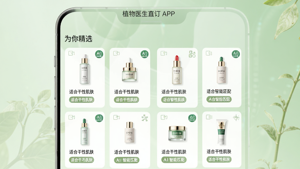 ���壺ֲ��ҽ��ֱ��APP�������Ƽ�ҳ�棬��Ļ��չʾ��Ϊ�㾫ѡ���Ļ���Ʒ�б���ÿ����Ʒ�·���ע���ʺϸ��Լ������ȱ�ǩ�����֣��ֻ�����չʾ�������ǵ��ŵĽ�����ɫ���Ű棺��Ʒ�Կ�Ƭʽ���У����зֲ�������������������ܻ����Ƽ��У�����ʧ��Ȼ���¡�ϸ�ڣ��Ƽ���Ƭ���С�AI����ƥ�䡱��Сͼ�ꡣ���ʣ����壬������ͣ��ɾ����޶���Ԫ�ء�