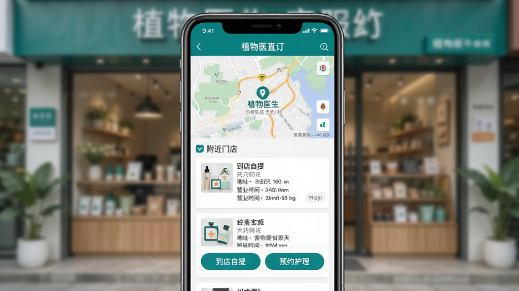 ���壺ֲ��ҽ��ֱ��APP�ġ��ŵ����ҳ�棬��ʾ�����ŵ��б��������С��������ᡱ�͡�ԤԼ�������������ܰ�ť�����֣��ֻ���Ļ���У�������ģ����ʵ�������Ƭ��Ӫ����ʵ�С��Ű棺ҳ�涥���ǵ�ͼ���ײ����ŵ���Ϣ��Ƭ����Ƽ�����ˡ����ʵ�á����У�����ɫ�������������С�ϸ�ڣ��ŵ꿨Ƭ���о��롢��ַ��Ӫҵʱ��ȹؼ���Ϣ�����ʣ�������ɫ����Ȼ���ɾ����޶���Ԫ�ء�