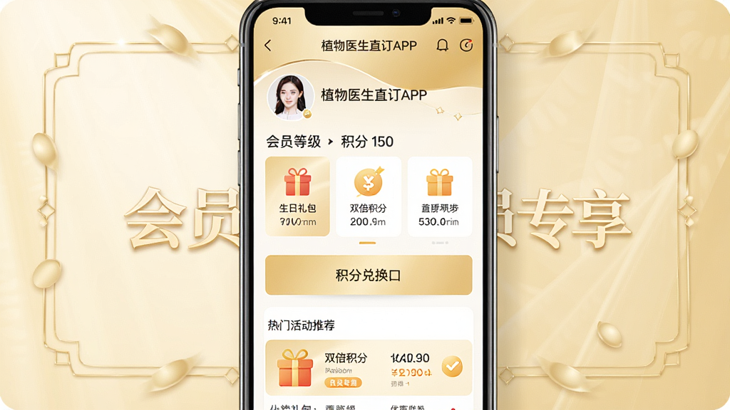 ���壺һ�š�ֲ��ҽ��ֱ��APP���Ļ�Ա���Ľ����ͼ����Ļ����ʾ��Ա�ȼ��������������Ż�ȯ�б������֣��������չʾ����������͵�ǳ��ɫ�����С���Աר����������װ�ο��Ű棺������ϵ�������Ϊ��Աͷ��Ȩ��չʾ�������ֶһ���ڡ����Ż�Ƽ�����񣺾��¡����ţ����ֻ�Ա���У�ɫ���Խ�ɫ���ɫΪ����ϸ�ڣ��������С��������������˫�����֡���ͼ�꣬������Ŀ�����ʣ�������Ⱦ������ϸ���������ɾ����޶���Ԫ�ء�