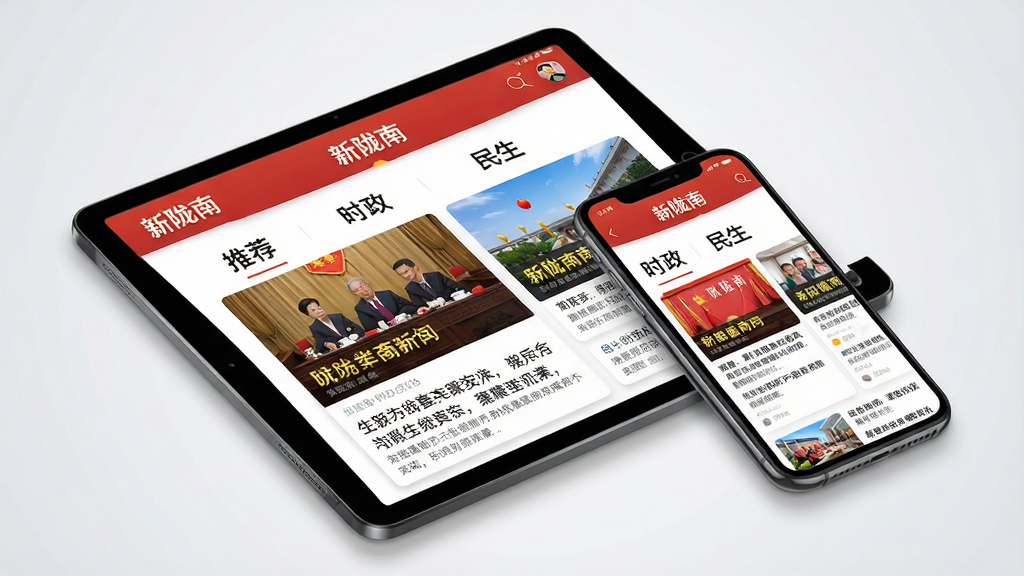 ���壺һ��ƽ����Ժ�һ���ֻ�����չʾ����Ļ����ʾ����¤�ϡ�APP��������Ѷҳ�棬ҳ�����з�����ǩ�硰�Ƽ�������ʱ�������������������д�ͼ���ſ�Ƭ�����֣�ƽ�����ֻ�б�Ŵ������£���Ļ���������ɼ�������Ϊ�ɾ���ǳ��ɫ���䡣�Ű棺���沼�ֹ�����ͼ�Ľ�����ͻ������¤�ϡ�Ʒ�Ʊ�ʶ����񣺱�ƽ�������΢���ɫ�����޲�ʧ���أ��������ŵ���������á�ϸ�ڣ�����ͼƬ���������ֱ���ͻ����������Ӱ��Ȼ�����ʣ�������Ⱦ���ɾ����޶���Ԫ�ء�
