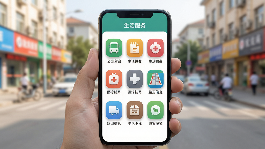 ���壺�ֻ���Ļ��չʾ����¤�ϡ�APP����������ܽ��棬�ԾŹ�����ʽ�����š�������ѯ����������ɷѡ�����ҽ�ƹҺš�����·����Ϣ����ͼ�ꡣ���֣��ֻ���һֻ�����ţ�������ģ����¤�ϳ��нֵ����������Ȼ�⡣�Ű棺����ͼ����2�л�3���������У�ÿ��ͼ���·��ж�Ӧ���������ƣ������ǡ�������񡱵ı���������񣺼��������UI��Ʒ��ͼ�����Բ�Ǿ�����ƣ�ɫ�ʷḻ��Э���������黯ͻ�����塣ϸ�ڣ�ÿ��ͼ���о��µ�΢�����Ӱϸ�ڣ���Ļ���ݸɾ����ࡣ���ʣ����廭�ʣ��ɾ����޶���Ԫ�ء�