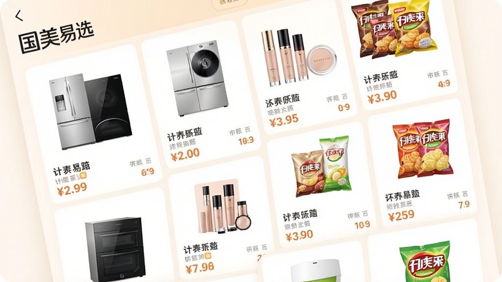 һ�Ÿ����Ʒչʾͼ�������ǡ�������ѡ��APP����Ʒ�б�ҳ�棬��������ļҵ硢��ױ����ʳ����Ʒ��Ƭ�����ֲ�������״�Ű棬ÿ����Ʒ��������ͼƬ�ͼ۸��ǩ�������������ɾ���ͻ����Ʒ���ʸк�ϸ�ڣ�����Ϊ��͵�ů��ɫ������ϸ�壬�޶������