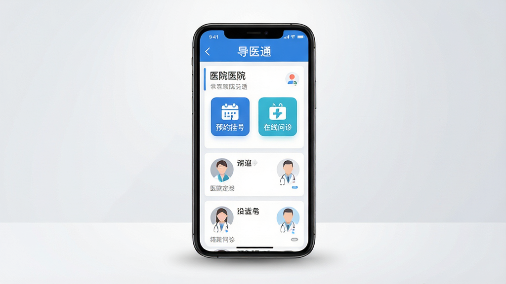 ���壺�����ֻ���Ļչʾ��ҽͨApp�����棬����������ʾ����ҽͨ��������ԤԼ�Һ�ͼ�ꡢ��������ͼ�ꡣ���֣��ֻ����У���Ļ������Ŀ���������ף��·��������Ӱ���Ű棺����ͼ���������룬ɫ������ɫ�Ͱ�ɫΪ�������󷽡�����ִ���ƽ����ƣ��ɾ���ˬ��ϸ�ڣ���Ļ��ģ����ʾҽԺ�б���ҽ��ͷ�񣬱���Ϊǳ��ɫ���䡣���ʣ�4K���壬�ɾ����޶���Ԫ��