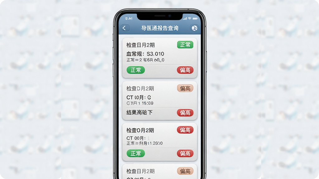 ���壺�ֻ���Ļչʾ��ҽͨ�����ѯҳ�棬����Ѫ���桢CT�ȱ��濨Ƭ�����֣��ֻ��������У����濨Ƭ�������С��Ű棺ÿ�ſ�Ƭ��ʾ�����������ժҪ��������ﻯ������ơ�ϸ�ڣ���Ƭ���С���������ɫ��ǩ�롰ƫ�ߡ���ɫ��ǩ�����ʣ����壬�ɾ����޶���Ԫ��