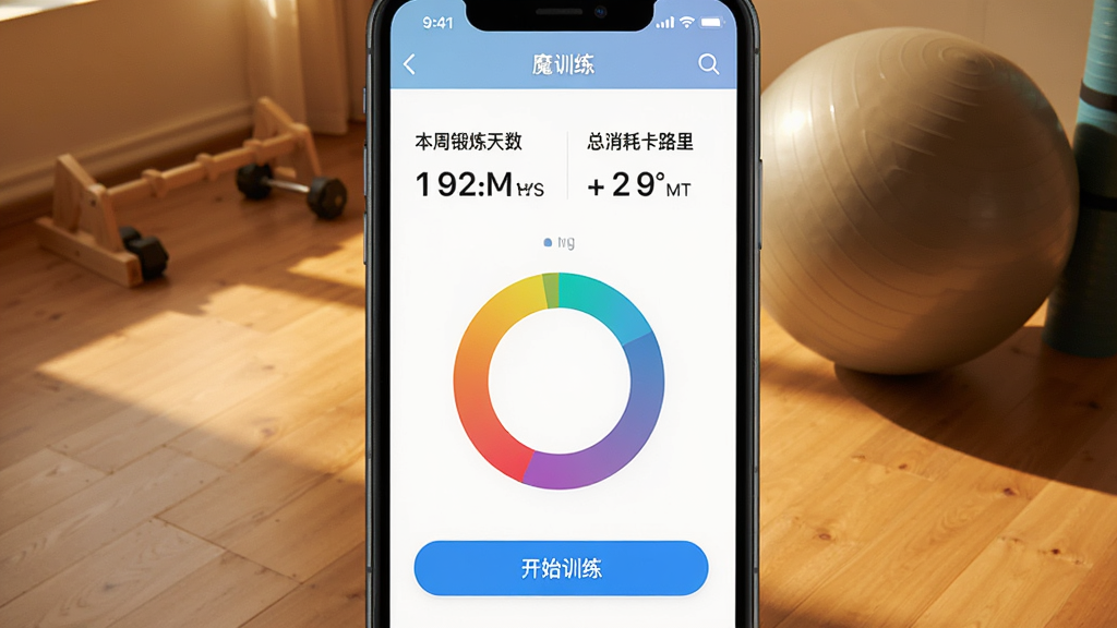 һ���ֻ�������ͼ����ħѵAppѵ����¼ҳ�棬��ʾ���ܶ��������������Ŀ�·��·���һ����ɫԲ��ͼ���ײ��С���ʼѵ������ť������Ϊľ�ذ����٤��ůɫ�����ߣ�����UI���棬�ɾ�������Ԫ��
