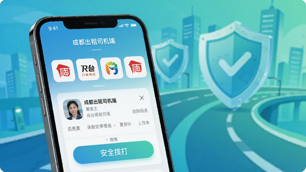 ����廭��ǰ��Ϊһ���ֻ�����Ļ����ʾ���ɶ�����˾���ˡ���ƽ̨�����ۺϽ��棬���ƽ̨logo�������Ϸ����м��ǳ˿���Ϣ��Ƭ�롰��ȫ���򡱰�ť����Ϊ����ĳ��е�·�Ͷ���ͼ���������������ɫ������ɫ���£�����ִ�������ϸ�塣