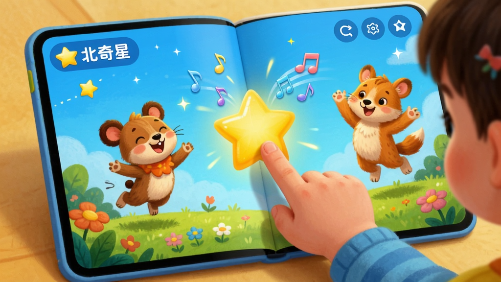 ��������Ϊ�����ǻ汾APP���Ķ����棬չʾһ��С��������ָ�����Ļ�ϵ�С���ǣ����Ƿ�����â����������Ʈ�����汾�����е�С��������������Ծ�Ķ��������岼���Ի汾��ҳΪ����ɫ�����죬����ͯȤ������������ϸ���������ɾ��޶���Ԫ�ء�
