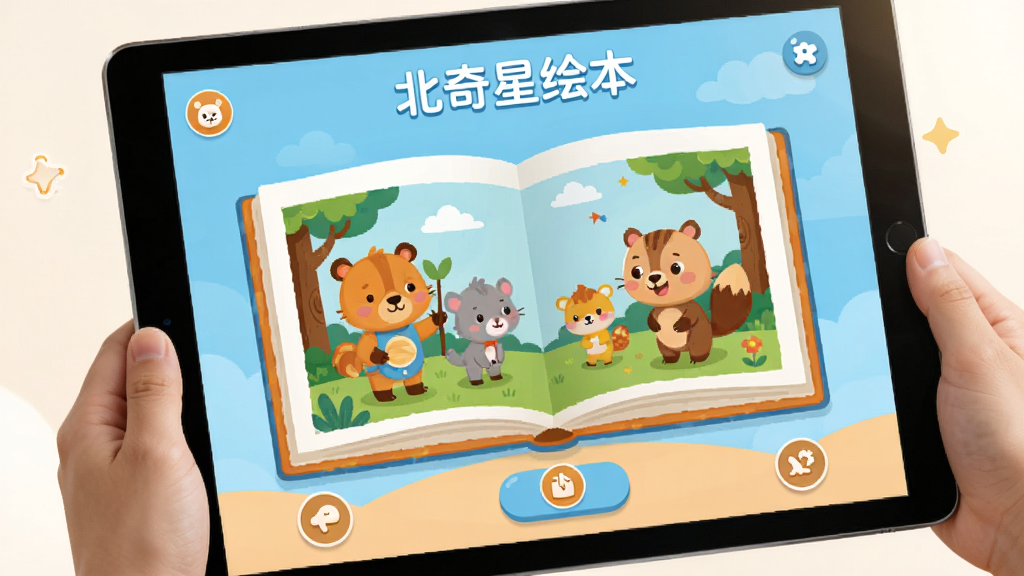 ��������Ϊ�����ǻ汾APP��ƽ����������еĽ�����д����Ļ��չʾ��һ��ɫ�����޵Ķ�ͯ�汾��ҳ���пɰ��Ŀ�ͨ�����ɫ�ͻ�����ť�����岼�ֲ��ñ�ƽ����Ʒ����ɫ��Ϊ��ů�ĳ�ɫ������ɫ�������ɾ����࣬ͻ��APP�������ݡ����ʸ���ϸ�壬��Ӱ��ͣ�չ�ֶ�ͯ������Ʒ�Ļ�������ܰ��Χ��ͼƬ����Ļ�Ϸ��С������ǻ汾��������