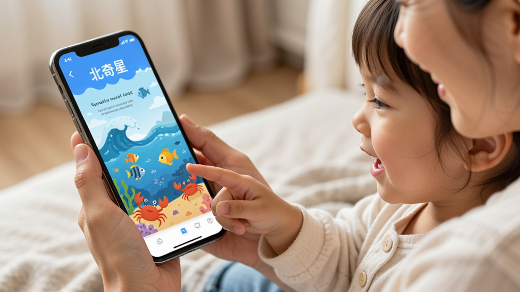 ��������Ϊ�����ǻ汾APP���ֻ��ϵ��Ķ�ҳ�棬һλ�ҳ��������ֻ��뺢��һ��ۿ��汾�����ӿ��ĵ�ָ����Ļ�������л汾Ϊ�������⣬����ɫ���ˡ�С����з�����岼����ܰ����ͥ��ΧŨ�񣬻���������������Ȼ���ɾ��޶���Ԫ�ء�