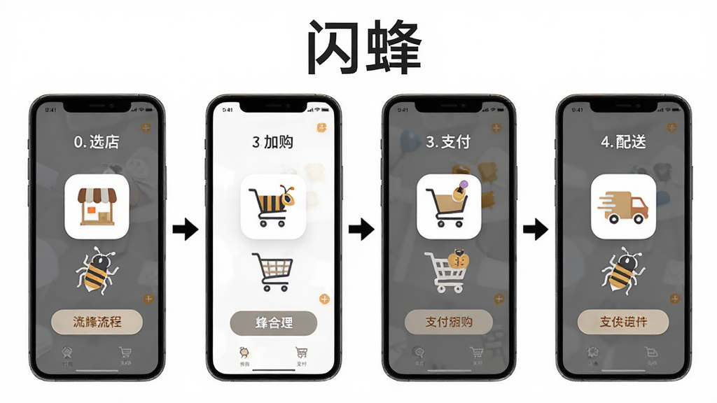 ����ʹ�ý̳̲���ͼ������Ϊ�ֻ���ĻչʾAPP�µ����̣���Ϊѡ�ꡢ�ӹ���֧���������ĸ����裬ÿ���м�ͷָʾ������Ϊ��ɫ���Ϸ��С����䡱��������������죬ͼ���ƽ����ƣ�ϸ�����������ʸ��壬�ɾ��޶���Ԫ��