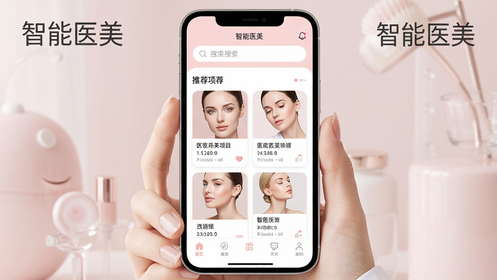 ����ҽ������������չʾ���ֻ���Ļ��ʾ������ҽ����APP��ҳ���������������в�Ϊ�Ƽ�ҽ����Ŀ��Ƭ���ײ����������������ִ���Լ���Ե���ɫ�Ͱ�ɫΪ��ɫ��������ɾ����࣬������Ԫ�أ����廭�ʣ���Ʒ��Ⱦͼ��񣬹�����ͣ�ͻ��ҽ��רҵ����Ƽ��У�ͼƬ�ϱ�ע���֡�����ҽ������