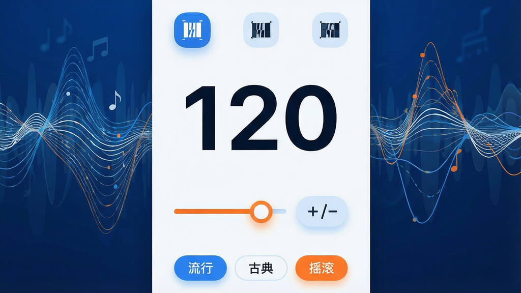 ���壺����������Ӧ�õ��ٶȵ��ڽ��棬������ʾBPM��ֵ��120�����·��л��˺͡�+/-����ť������Ϊ�������ֲ��ơ����֣������������У��Ϸ�Ϊ��������ͼ�꣬�м�ΪBPM�����֣��·�Ϊ���ڻ�����Ԥ���б����Ű棺������������Ŀ����ťԲ����ʾ��������������ִ���Լ��������ɫ���ֲ�������ɫ��ϸ�ڣ���������Բ����ק��Ԥ���б���ʾ�����С��ŵ䡢ҡ�����ȱ�ǩ�����ʣ����壬�ɾ��޶���Ԫ�ء�