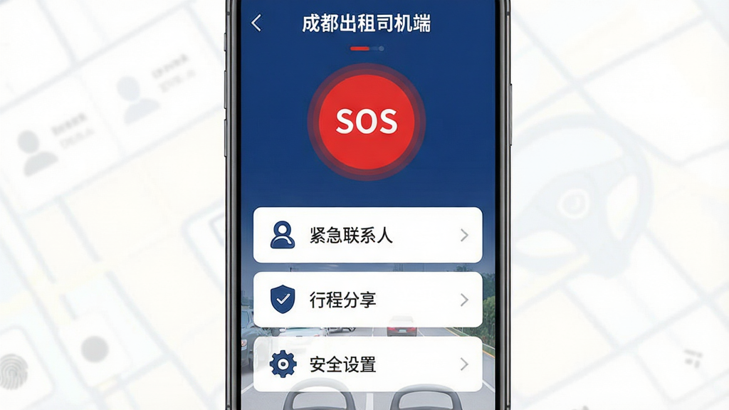 ��������Ϊ���ɶ�����˾���ˡ��İ�ȫ���Ľ��棬�м���һ����Ŀ�ĺ�ɫ��SOS����ť���·��г���������ϵ�ˡ������г̷�����������ȫ���á���ѡ�����Ϊ�ֻ�������Ƹ壬���й�ͼ����ɫ��ťͻ�����Ű��࣬��ťͼ�����������Ϊ��లȫ��UI��ƣ�ϸ�ڰ���ָ��ͼ�ꡢ����ͼ�꣬����ɫ��Ϊ����ɫ���ɫ���䡣���ʸɾ����޶���Ԫ�ء�