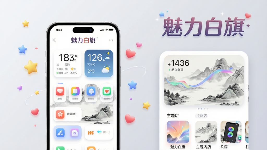 ���壺һ�������������ֻ�����Ļ������ʾ��������APP�Ľ��棬�����Դ�����ɫ��Ϊ���������Լ�Ĳ�ɫͼ��Ϳ�Ƭ���֣���ΧƯ�������ǡ����ĵ�СԪ�ء����֣��ֻ�λ�ڻ�������ƫ���Ҳ������ռ�չʾ�Ŵ�Ľ���ϸ�ڣ�������̬��ֽԤ���������̵���ڡ��Ű棺�������·ֲ㣬�Ϸ�ΪAPP���ơ��������족��������LOGO���·�Ϊ�ֻ��͹���ģ��չʾ����񣺱�ƽ�������΢�������ʸУ�ɫ������ͨ͸������Ϊǳ��ɫ���䡣ϸ�ڣ��ֻ���Ļ���������ɼ�����ֽ��һ�����ŵ�ˮīɽˮ����С������ʾʱ������������ʣ�8K��������Ⱦ���ɾ��޶���Ԫ�أ���Ӱ��Ȼ��͡�