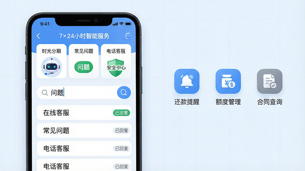 ���壺һ���ֻ���Ļ����ʾ��ʱ����ڡ�APP�İ�����ͷ����棬�������С����߿ͷ��������������⡱�����绰�ͷ�����ѡ��ͷ�ͷ��Ϊ�����������Ա���һ������ȫ���ġ���ɫ����ͼ�ꡣ���֣��ֻ�λ�ڻ�����࣬�Ҳ���һ����ɫ�ͻ�ɫ��Сͼ�꣬�ֱ�������������ѡ�������ȹ�����������ͬ��ѯ���ȹ��ܡ��Ű棺�ֻ���Ļ������һ�����������롰���⡱�������·��ж���ʴ���Ŀ�������ˬ�Ŀͷ�������ǳ��ɫ��������ɫ��Ƭʽ��ƣ�Բ�Ǿ��Ρ�ϸ�ڣ����涥�����д�š�7��24Сʱ���ܷ��񡱣���Ļ���С��ѻظ�����ǩ�������е����������ߡ����ʣ����壬�ɾ����࣬�޶���Ԫ�ء�