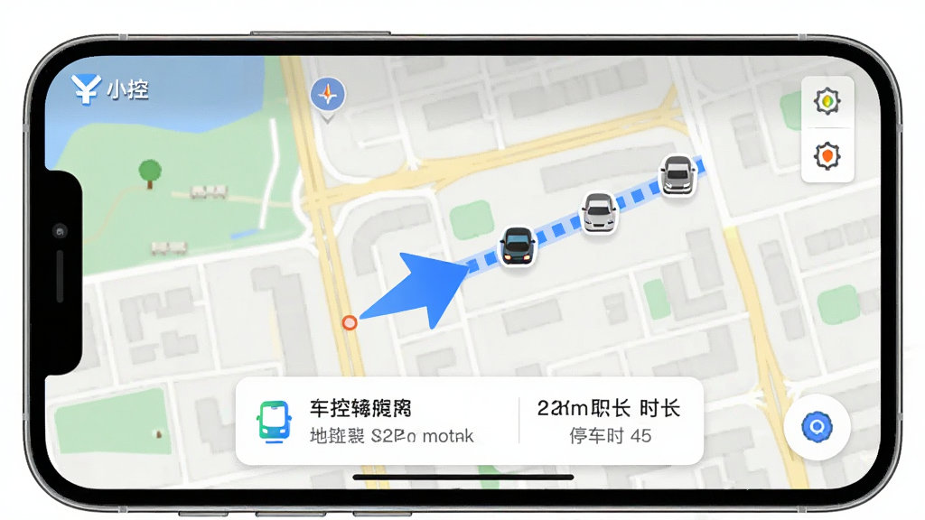��������Ϊ�ֻ�������ʾ��С�ء�APP�ĳ���׷�ٵ�ͼ���棬��ͼ����һ����Ŀ����ɫ��ͷָ����ͼ�꣬�����й켣�ߡ�����Ϊ��ͼռ��ȫ�����ײ�������Ƭ��ʾ����ֵ���ַ��ͣ��ʱ�������Ϊ�ߵµ�ͼ��ʽ�ı�ƽ��ʸ����񣬽��������죬ϸ�����������ʸɾ����޶���Ԫ�ء�