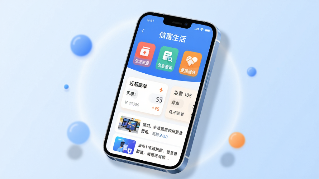 ��������Ϊһ�������������ֻ�����Ļ��������չʾ���Ÿ����APP����ҳ���棬�Ϸ���ʾ������ɷѡ�����Ϣ��ѯ�����������������ɫ����ͼ�꣬�·������Ž����˵���Ƭ����Ѷ�б������岼����ˬ������Ϊ����ɫ���䣬������͵Ĺ��κ�Ư����Բ��Ԫ�ء��Ű���þ��й�ͼ���ֻ���΢��б��Ͷ�����΢��Ӱ�����Ϊ�ִ���ƽ�廭�磬ɫ���������ס���Ϊ����ϸ�ڷḻ�����ʸ���ɾ����޶���Ԫ�ء�