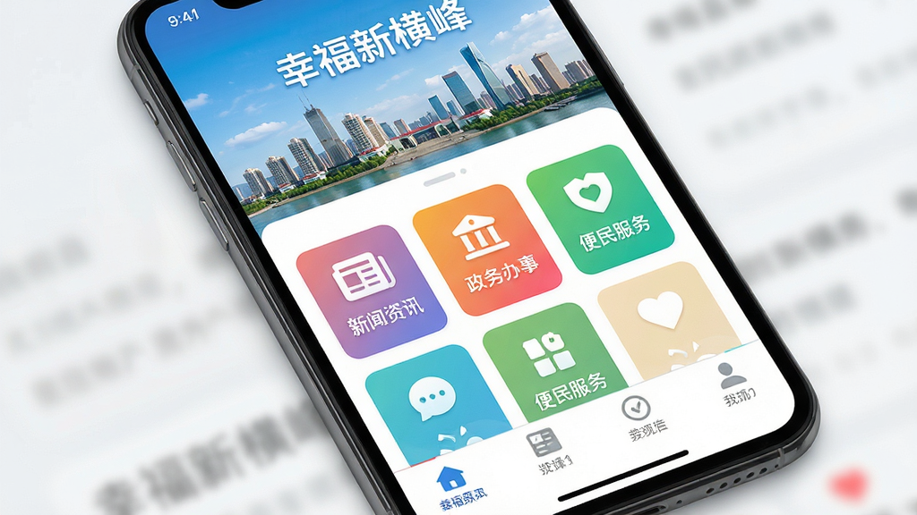 ��������Ϊһ�������ֻ���Ļ��д����Ļ������չʾ���Ҹ��º�塱APP����ҳ���棬���涥����ʾ����س�������߱���ͼ���м��Կ�Ƭʽ���ֳ��֡�������Ѷ������������¡�����������񡱵Ȳ�ɫ����ͼ�꣬�ײ������������ɼ������岼�ּ�����ˣ��Ű��������ͼƬ���Ϊ�ִ���ƽ��UI���Ԥ��ͼ��ϸ�ڷḻ��ɫ���������£����ʸ���ɾ����޶���Ԫ�ء�