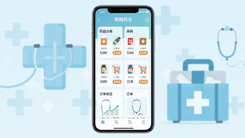 ����Ϊһ�������ֻ���Ļ����ʾ������ҩ�֡�App�����棬���������г�ҩƷ���ࡢ�ɹ���������״̬��ģ�飬����Ϊ����ɫҽ��ʮ����ҩ��Ԫ�أ����岼�־��У���ƽ����Ʒ��ϸ�ڰ���ҩƷͼ����۸��ǩ�����ʸ���ɾ����޶���Ԫ��