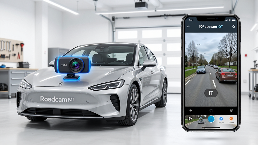 ���壺һ���ִ��γ�ͣ�����������У���ͷ��װ��Roadcam IOT�����г���¼���������ƣ����֣��γ�λ�ڻ�������ƫ���Ҳ��������������ֻ����棬��Ļ��ʾRoadcam IOT��ʵʱ��ػ��棻�Ű棺�ֻ�����Ŵ�չʾ��ͻ����Roadcam IOT��Ʒ��������������APP�������棻��񣺿Ƽ����������ϣ�ɫ�������ɾ���ϸ�ڣ������м�¼�Ǿ�ͷ�������ֻ���Ļ�ϵ�·������ϸ�壬���ָ��廭�ʣ����ʣ�8K�����壬�ɾ����޶���Ԫ��