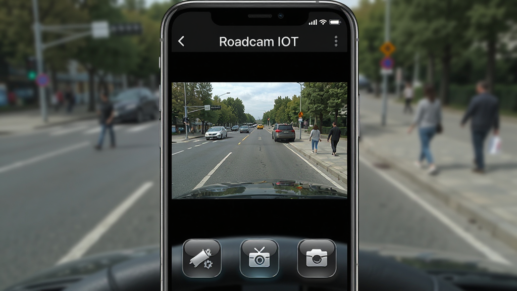 ���壺Roadcam IOT�ֻ���ʵʱԤ�����棬��������ʾ����ǰ���ֵ�ʵ�������֣��ֻ���������ռ���������棬�����С�Roadcam IOT���������źű�ʶ���Ű棺�����·��ֲ����ܰ�ťͼ�꣬��������Ϊ������·����Ƶ�����дʵ��񣬽������ִ���ϸ�ڣ���Ƶ�����г��������������ɼ���ɫ�ʻ�ԭ��ʵ������ͼ����߹��ʸУ����ʣ������壬�ɾ����޶���Ԫ��