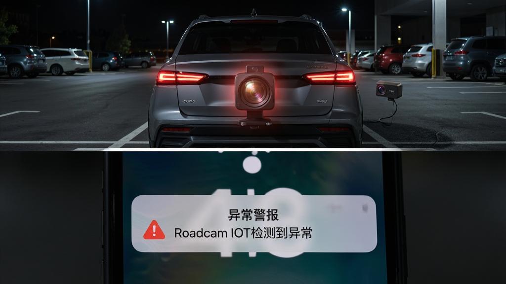 ���壺ҹ��ͣ����������ͣ���ڳ�λ�У�Roadcam IOT��¼���ںڰ��з���΢����⣬ͬʱ�ֻ��յ�����֪ͨ�����֣������Ϊ���������֣��ϰ벿Ϊҹ����β�ӽǣ��°벿Ϊ�ֻ��������浯�����쳣������������Ű棺�ֻ�֪ͨ�������ʾ��Roadcam IOT��⵽�쳣�������о�ʾͼ�ꣻ���дʵҹ����񣬵ƹ��׺��ϸ�ڣ���¼�Ǿ�ͷ���⣬��������Ӳ�ʣ����ʣ����壬�ɾ����޶���Ԫ��