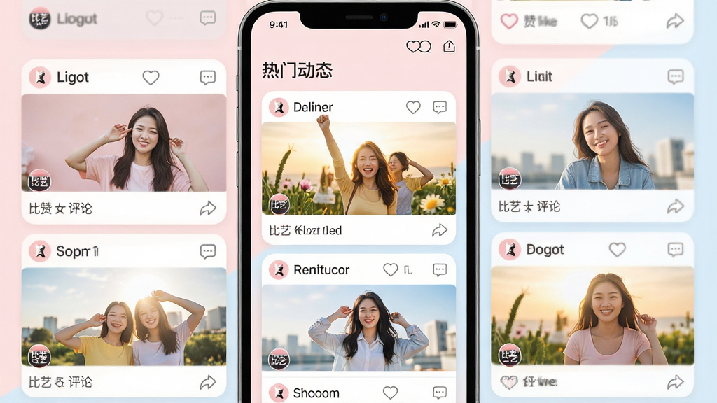 ���壺����APP�Ķ�̬�㳡���棬�����С����Ŷ�̬�����⣬�·�Ϊ�ٲ�����ʽ���û���̬��Ƭ������ͼƬ�����֣����֣��ֻ����У���Ļ��չʾ3�ж�̬��Ƭ����Ƭ�Ͽɼ����޺�����ͼ�ꣻ�Ű棺��̬��Ƭ�������£�����ǳɫ���������������ʱ����־�Ű���ɫ����ͣ��Ե���ɫ�͵���ɫΪ����ϸ�ڣ�ÿ�ſ�Ƭ���½��б���Сlogoˮӡ����̬ͼƬ���ݻ������⣻���ʣ���������Ⱦ���ɾ�������Ԫ��