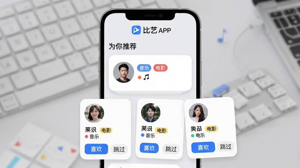 ���壺����APP������ƥ����棬��Ļչʾ��Ϊ���Ƽ�������ѡ��Ƭ����Ƭ�ϱ��й�ͬ��Ȥ��ǩ�����֡�����Ӱ�������֣��ֻ�����չʾ���Ϸ�Ϊ����logo���·����������Ƽ���Ƭ���Ű棺��Ƭ����Բ����ƣ���Ϣ�������룬��ť��ϲ�����͡������������ɼ���������¼���UI��Ʒ�񣬱���Ϊǳ��ɫ����Ƭ��ɫ����ɫ��׺��ϸ�ڣ���Ƭ���û�ͷ����������Ȥ��ǩ�ò�ɫСԲ���ʾ�������Ӿ��ɾ�רҵ�����ʣ�������Ⱦ���޶���Ԫ��
