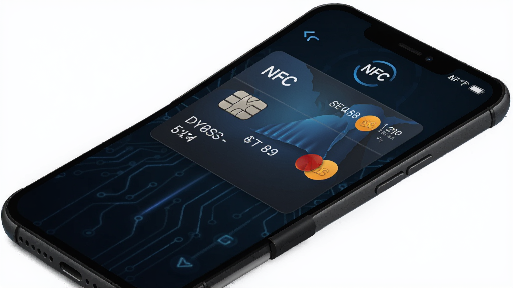 �ֻ�NFC��ɨ��ȡ���п��Ľ��棬�ֻ�������ʾNFC���ţ���Ļչʾ��Ƭ��Ϣ���飬����Ϊ��ɫ��ǿ���Ƽ��У�����UI��ϸ��ͼ�����������ʸɾ����޶���Ԫ��