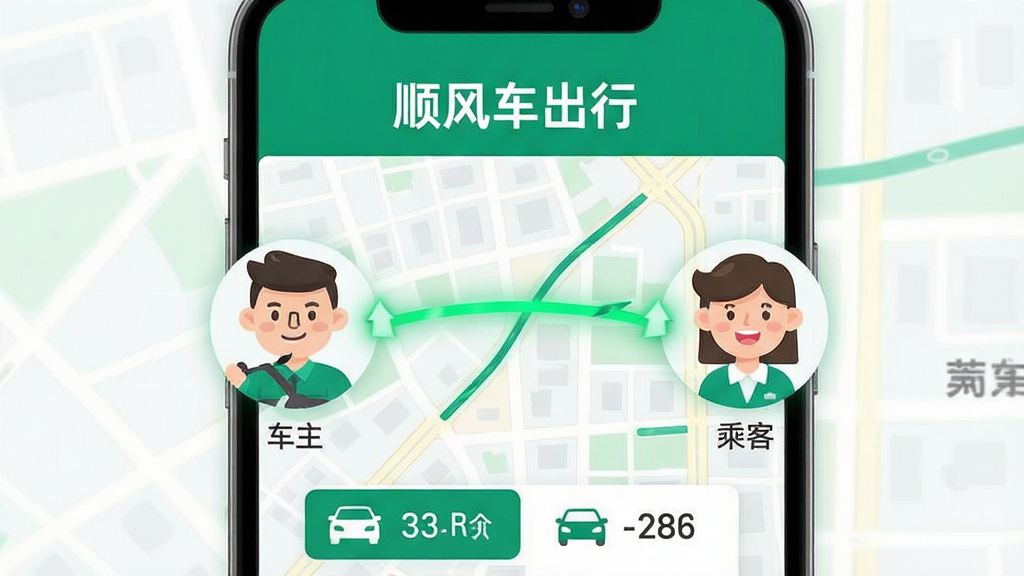 չʾ˳�糵����APP��ƥ��ɹ����棬�ֻ���Ļ������ʾ������ͨ�û�ͷ��ͨ��һ����ɫ�������ӣ�����Ϊ���е�ͼ���·������Ļ�Ϸ��С�˳�糵���С����������沼�־��⣬��������ֱ��ǡ��������롰�˿͡������������м��ö�̬����ʾ��ƥ����̣����Ϊ�ִ���ƽ�廭��ϸ�ڰ�������ͼ�ꡢʱ���ǩ��������ݡ�����ɫ���Դ������ɫΪ�������ʸɾ�ͨ͸���޶���װ�Ρ�