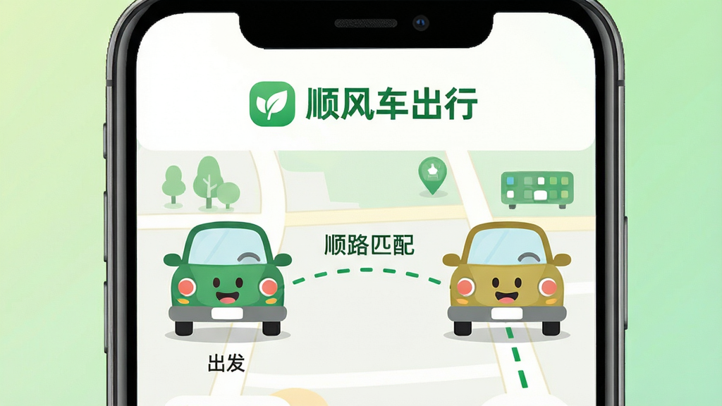 ��������Ϊ�ֻ���Ļչʾ˳�糵����APP���棬������������ʾ��˳�糵���С�Ʒ��LOGO����ɫ��ɫ������ͼ·������������ͨС����������У���ͷ����Ц�������岼�ֲ��þ��й�ͼ�����Ϊ�����أ��Ҳ�ΪĿ�ĵأ��м����������Ӳ����С�˳·ƥ�䡱�������Ű����ƽ����������Ȼ������Ϊǳ��ɫ���䣬ϸ����ͻ��������������ɫ�����ķ�Χ�����ʸ��塢�����ɾ����޶���Ԫ�ء�