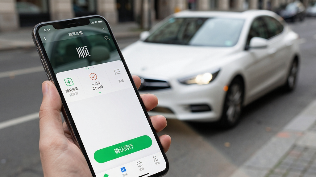 չʾ�û�ʹ��˳�糵����APP�����г�ȷ�ϵĽ��棬ǰ��Ϊ�ֻ���Ļ��д����Ļ����ʾ��ɫ��ȷ��ͬ�С���ť������Ϊ�ֵ���һ��ͣ���İ�ɫ�γ����������45�Ȳ�ǹ�ͼ������ͻ��APP���棬������ˬ�����дʵ��ϸ���ϳ����ֻ��ճ�״̬�복���ƹ⣬����������ɫ����Ȼ���޶������