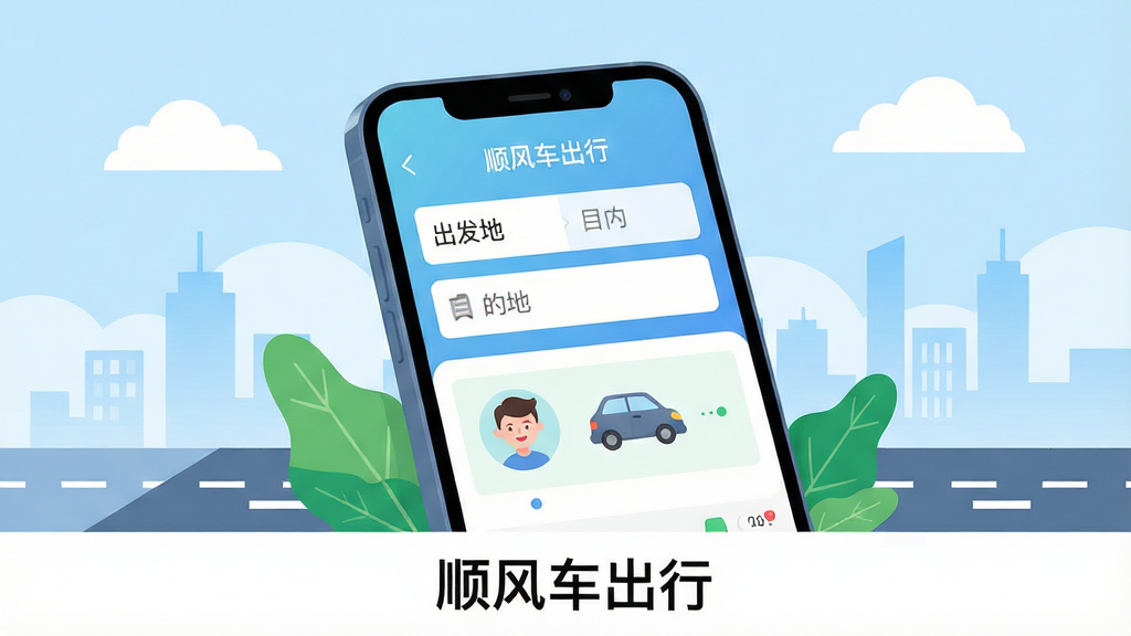��������Ϊһ�������ֻ���Ļռ���Ӿ����ģ���Ļ��������ʾ��˳�糵���С�APP���г�ƥ����棬�������г�������Ŀ�ĵ������ƥ���еĳ�����ͨͷ���복��ͼ�ꡣ����������͵�ǳ��ɫ���䣬�����ɫ�ƶ����Լ���м�Ӱ�����ֲ��þ��й�ͼ���ֻ���΢��б����Ļ���ݳ�����ڡ�������Ϊ��ƽ���廭���ɫ���������죬ϸ�ڴ���׺��Ҷ���·���������ʸ��塢�ɾ����޶���Ԫ�أ�ͼƬ�·����С�˳�糵���С�������