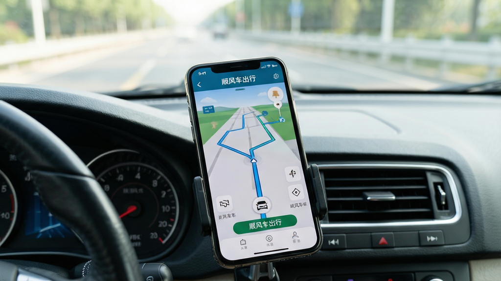 ��������Ϊһ���ֻ�б���ڼ�ʻ���Ǳ����Ϸ�����Ļ��ʾ˳�糵����APP�ĵ������棬·���복��ͼ�������ɼ�������Ϊ��ʻ���ڲ����������뵲�粣����ĵ�·ģ���ɼ���Ӫ����ʵʹ�ó��������ֲ��õ�һ�˳��ӽǣ��ֻ�λ�ڻ�������ƫ�£��Ϸ�¶��·�������Ϊдʵ��Ӱ��񣬹�����Ȼ��ɫ��������ϸ�ڴ�չʾ�ֻ�֧����յ�����ڡ����ʸ��壬�ɾ����޶���Ԫ�أ���Ļ�ϴ��С�˳�糵���С�������