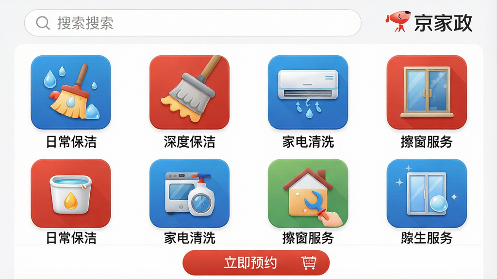 ���壺������App�����������ͼ���Թ�����ʽչʾ���ճ����ࡱ������ȱ��ࡱ�����ҵ���ϴ�������������񡱵���Ҫ������ڣ����֣��������������͡���������Logo���·�Ϊ2��4�еķ���ͼ�깬��ͼ��ɫ���������Ű棺������������ÿ��ͼ���·��ж�Ӧ�ķ������ƣ�������ﻯ���ƽ����ϵ�UI��Ʒ�񣬱���Ϊǳ��ɫ��ͼ���Ծ��������ɫΪ����ϸ�ڣ�ÿ��ͼ����и߱�ʶ�ȣ����С��ҵ���ϴ��ͼ��Ϊ�յ�������������ͼ��Ϊ������ҳ��ײ��С�����ԤԼ����ť�����ʣ����壬�ɾ����޶���Ԫ�ء�