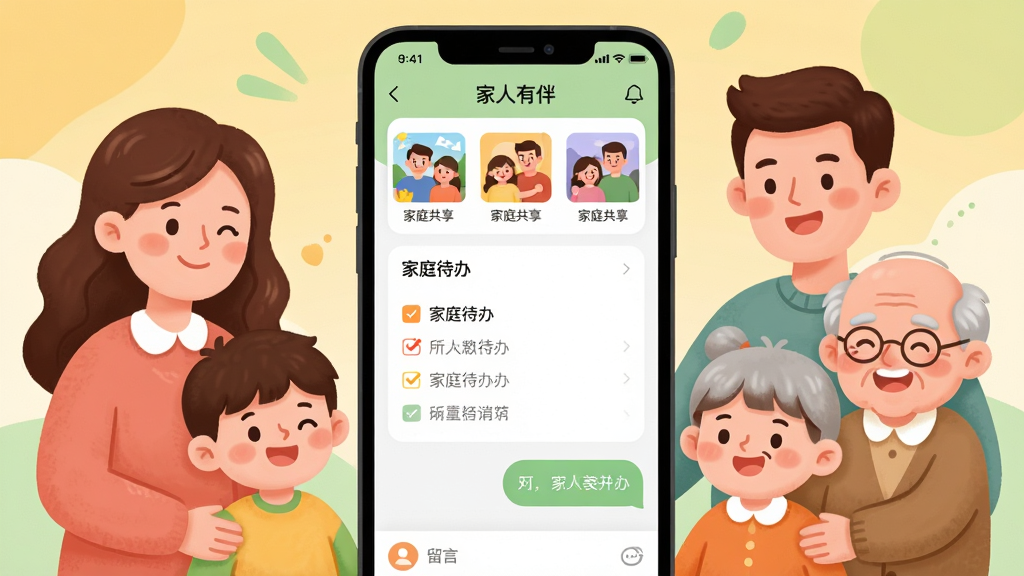 ��������Ϊһ�������ֻ���Ļռ�ݻ������ģ���Ļ��������ʾ�������а顱APP�����棬���涥���м�ͥ�����������ͼ���м��Ǽ�ͥ�����嵥���ײ������ԶԻ����ݡ��ֻ��������໷������ܰ�Ŀ�ͨ��ͥ��Ա���󣬰�����ĸ�����Ӻ����ˣ����΢Ц�����岼�ֲ��þ��й�ͼ������Ϊ��͵�ů��ɫ���䣬����ǳ��ɫ��׺���廭�������Բ��������ɫ��������ܰ��ϸ�ڲ���ͻ�����黥��Ԫ�أ����ʸ���ɾ����޶���Ԫ�ء�