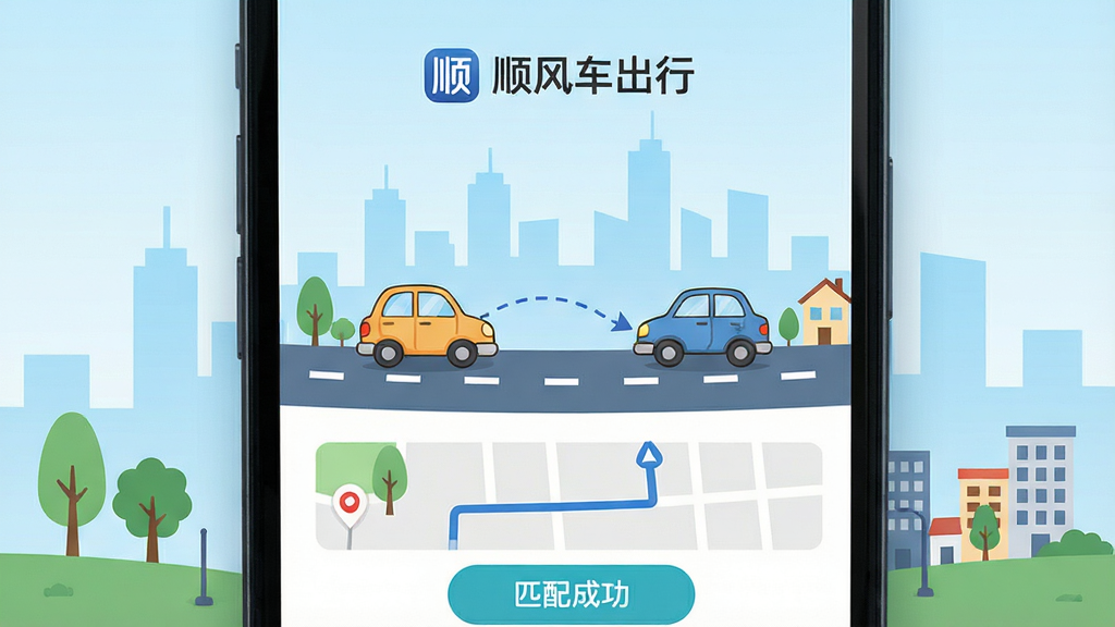��������Ϊ�ֻ���Ļ����ʾ˳�糵����APP���г�ƥ����棬һ����ͨ����С����ͼ������һ������ʻ��������ͼ��֮����һ���������������ӣ�����Ϊ����ɫ����ĳ�������߼�Ӱ�����ֲ��þ��й�ͼ���Ϸ�Ϊ��˳�糵���С�Ʒ�Ʊ�ʶ���·�Ϊ����·�ߵ�ͼʾ���롰ƥ��ɹ�����ť���Ű��������ʣ�������Ϊ��ƽ���廭�磬ϸ�ڰ�����·����ľ��С������Ԫ�أ����ʸ���ɾ����޶������ֻ�����Ԫ�ء�