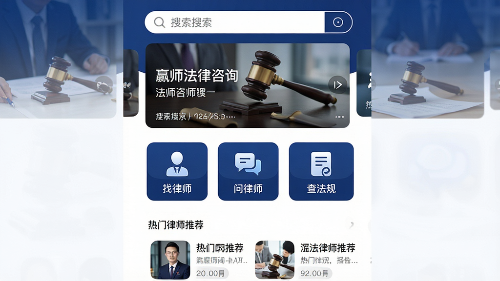 һ��չʾӮ��ʦ������ѯAPP������ĸ����ͼ�����岼��Ϊ���½ṹ���Ϸ������������ֲ�ͼ���м��ǡ�����ʦ��������ʦ�����鷨�桱���������ͼ�꣬�·���������ʦ�Ƽ��б�������������ɫ�Ͱ�ɫΪ��ɫ�������������ͼ��Բ�����������ʸɾ��޶���Ԫ��