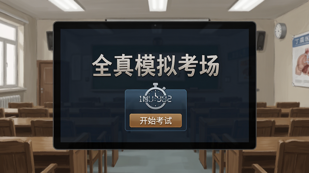 丁震医学教育模拟考试开始界面,屏幕上显示