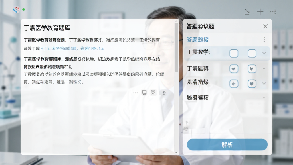丁震医学教育题库做题界面截图,左侧为题目文字区,右侧为答题选项,底部有解析按钮,背景虚化处理突出主体,色彩柔和,界面友好,画质高清,细节完整
