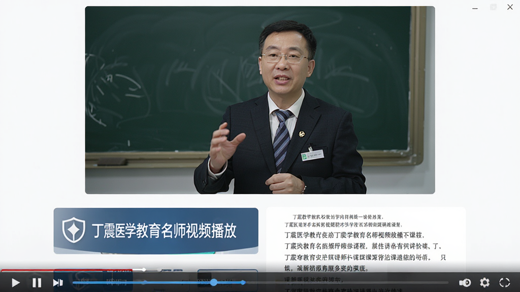 丁震医学教育名师视频播放页面,上方为授课老师讲解画面,下方显示课程标题与讲义文字,界面风格专业,有播放控制条,画面明亮清晰,细节丰富