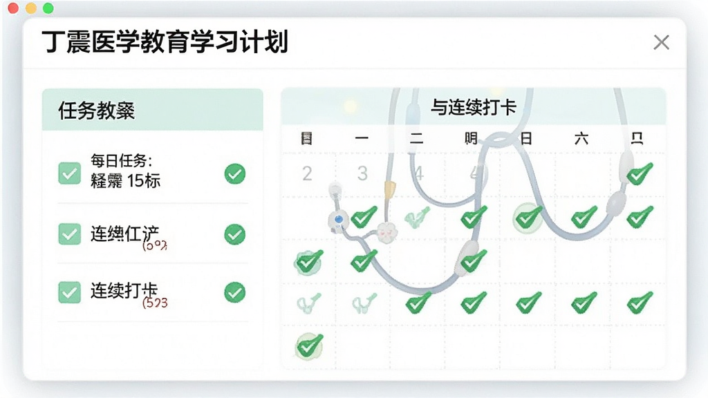 丁震医学教育学习计划页面,展示每日任务目标与连续打卡日历,界面有绿色对勾标记,风格简洁清新,画质清晰,无多余元素