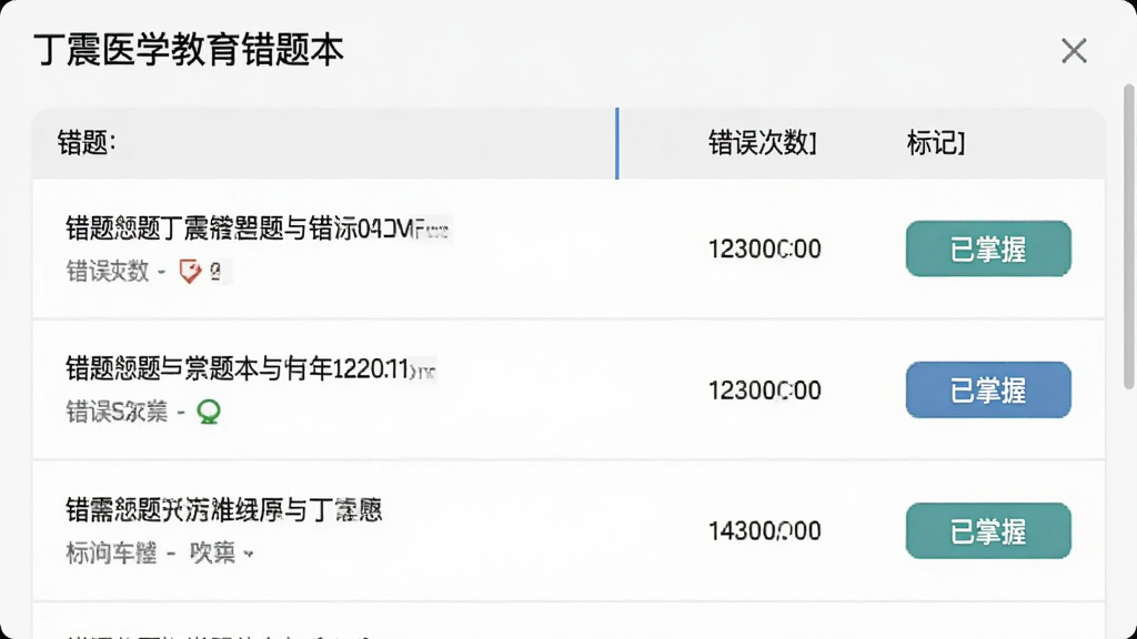 丁震医学教育错题本界面,列表展示错题题目与错误次数,有标记为已掌握按钮,背景为浅灰色,线条简洁,界面清爽,画质清晰