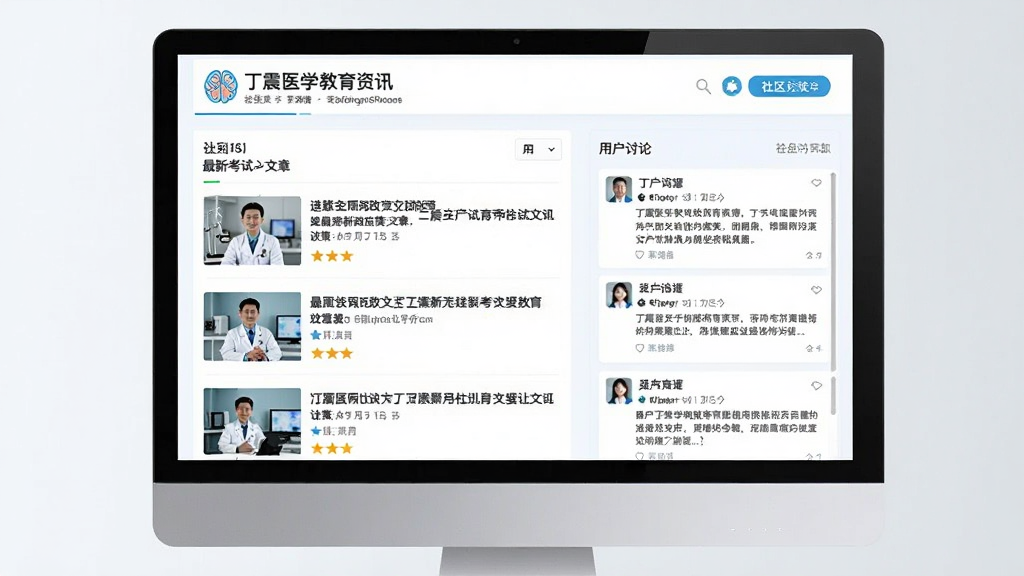 丁震医学教育资讯页面与社区讨论界面,展示最新考试政策文章列表及用户讨论帖,布局清晰,色彩明快,画质干净