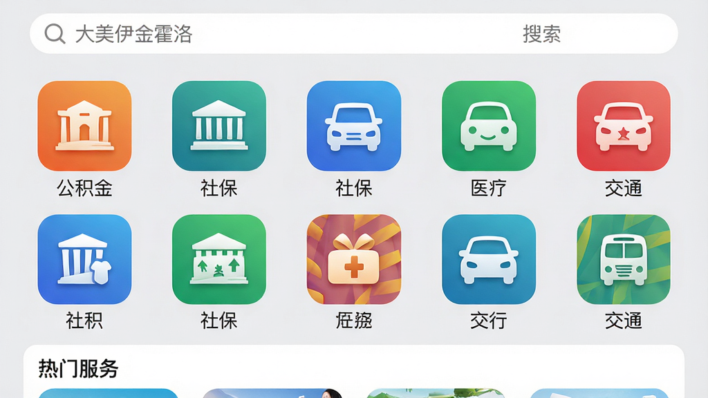 ���壺������������塱APP�������ҳ�棬��ʾ�������ͼ�ꡣ���֣�����״���У�ÿ��ͼ���·������ֱ�ǩ���繫�����籣��ҽ�ơ���ͨ���Ű棺��������ͼ��ΪԲ�Ƿ��Σ�ɫ�����ޡ����ʵ�ù�����APP��񣬱���ǳ�ң�ͼ��ɫ��������ϸ�ڣ�����������֧�ַ����������ײ��С����ŷ����Ƽ�λ�����ʸ��壬�ɾ����޶���Ԫ�ء�