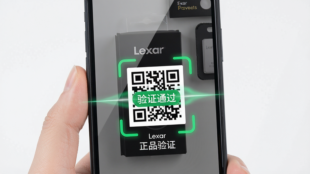 ����Ϊ�����ֻ�ɨ��Lexar��Ʒ��װ�ϵķ�α��ά�룬�������ֻ���ĻΪ���ģ���ʾ����֤ͨ������ɫ��ʶ���Ű������������дʵ��ϸ�ڱ�����Ļ������ɨ�붯Ч�����ʸ��壬�ɾ��޶���Ԫ�أ�ͼƬ���ְ�����Lexar���롰��Ʒ��֤����